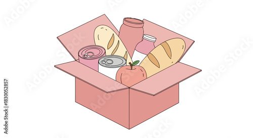 Open box with groceries: milk, bread, and canned goods in minimalist style