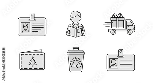 Minimalistic line art icons set featuring id badges, recycling bin, and holiday elements