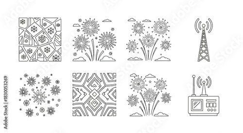 Linear icon set of fireworks, abstract patterns, and communication technology