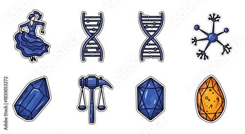 Colorful sticker set featuring dna, crystals, dancer, molecule, hammer, and gemstones