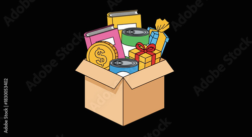 Colorful box of varied goods: books, food, and gifts on black background