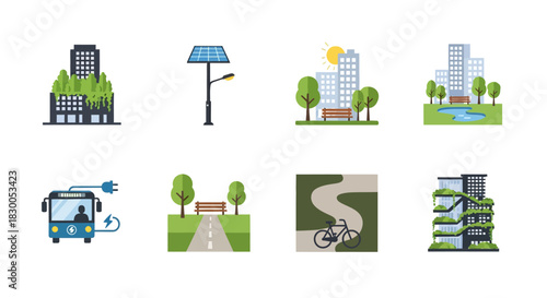 Sustainable urban living icons with eco-friendly architecture and green energy themes