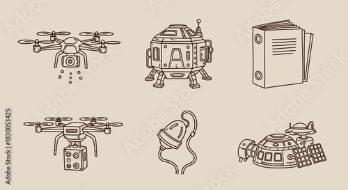Retro futuristic technology icons featuring drones and spacecraft in linear style