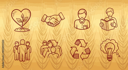 Hand drawn sustainability icons on wheat background for eco-friendly concepts