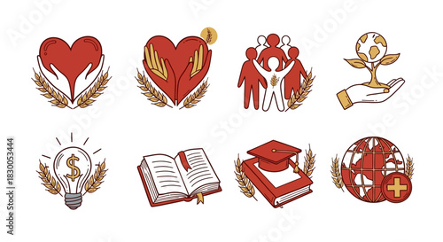 Charity and education symbols in modern flat design
