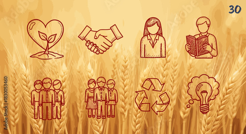 Hand drawn icons on wheat field background reflecting sustainability and growth