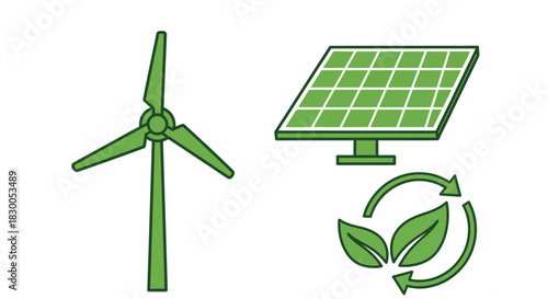 Green energy icons: wind turbine, solar panel, and eco friendly leaf design