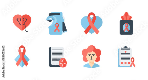 Cancer awareness icons collection featuring ribbons, healthcare symbols, and medical themes