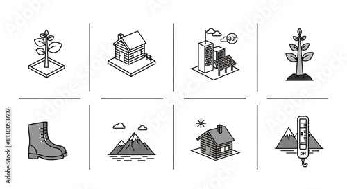Minimalist climate impact icons set featuring energy, nature, and temperature themes
