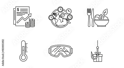 Versatile line art icons: finance, global clocks, dining, temperature, winter sports, fishing