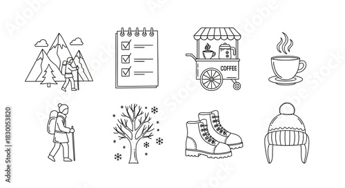 Outdoor adventure and coffee icons: hiking, winter gear, and refreshments in minimalist line art