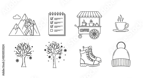 Winter adventure icons: hiking, coffee, gear, and nature in line art