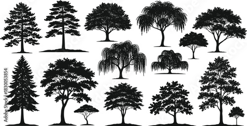 Tree silhouette collection, botanical vector set, forest icon pack, nature graphic design, landscape element bundle, foliage shape illustration, woodland art