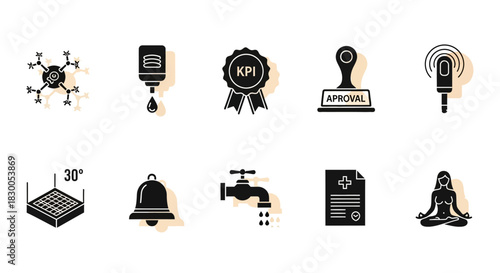 Set of minimalist icons: molecule, hand sanitizer, kpi badge, stamp, microphone, yoga, and more