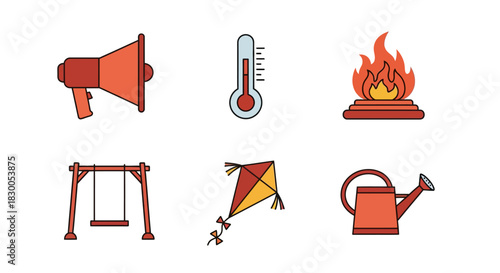Flat design icons set: speaker, thermometer, flame, swing, kite, watering can