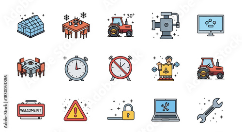 Flat icon set: igloo, dining table, tractor, timer, toolbox, computer, wrench, lock, warning sign