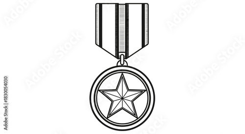 Military medal line art with star design and ribbon