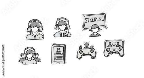 Hand-drawn gaming and streaming icons with headphones and controllers