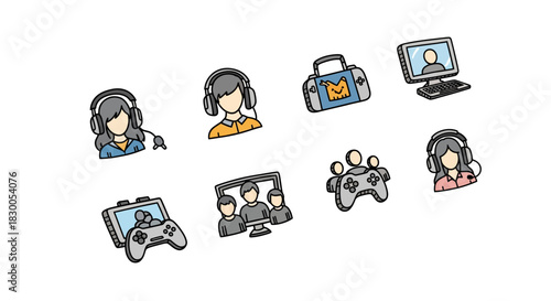 Flat gaming and streaming icons set with headphones and computers