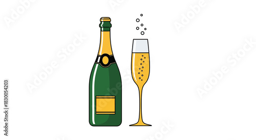 Celebration drinks: champagne bottle and flute with bubbles in flat design