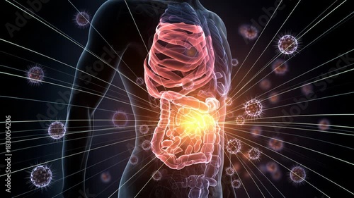 Human anatomy visualization showing digestive system with glowing elements and dynamic effects