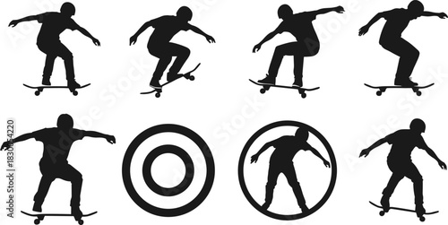 Skateboarder silhouette illustration set, trick poses and icon symbols, skate motion vector bundle, urban sport graphic design pack