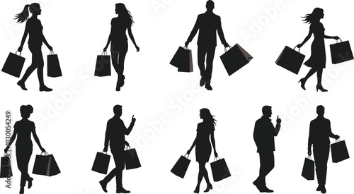 Shopping silhouette illustration set, consumer walking poses, retail activity icons, casual and business shopper vector graphic design bundle