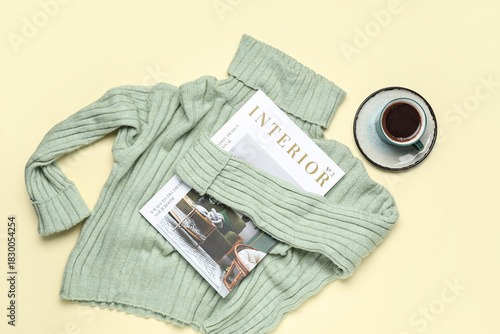 Stylish sweater, magazine a...