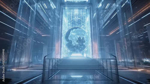 Futuristic digital world in futuristic building.