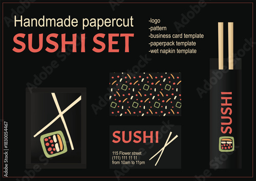 A stylish handmade papercut-inspired sushi branding set featuring a bold logo, seamless pattern, business card design, chopstick paper sleeve, and wet napkin packaging for sushi restaurants