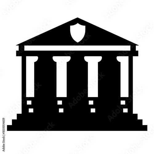 Silhouette of law firm building with shield, legal protection and institutional security