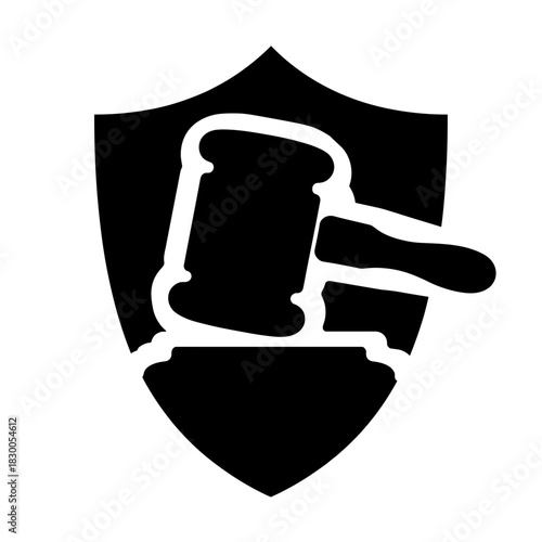 Silhouette of gavel on shield icon, justice and legal protection in law enforcement
