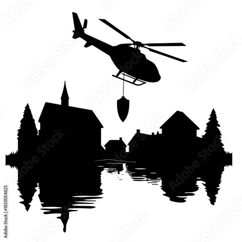 Helicopter hovering over flooded town with spotlight, emergency rescue and disaster relief in flood management