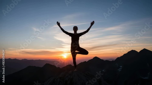Wallpaper Mural Silhouette of woman practicing Vrikshasana tree pose on mountain peak at sunrise with stunning sky and Torontodigital.ca