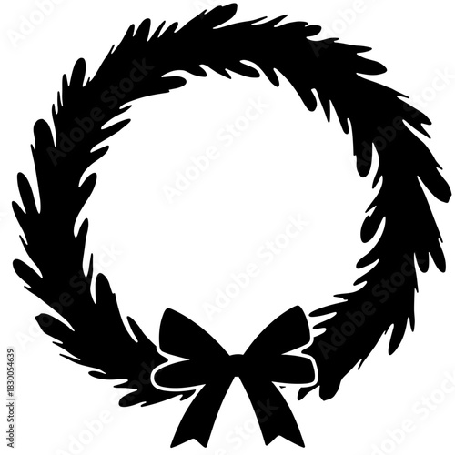 Silhouette of holiday wreath with bow, festive decoration and winter celebration