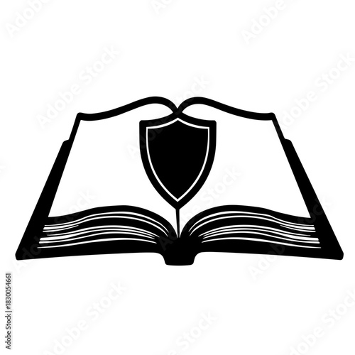 Open textbook with shield emblem on page, education security and knowledge protection concept