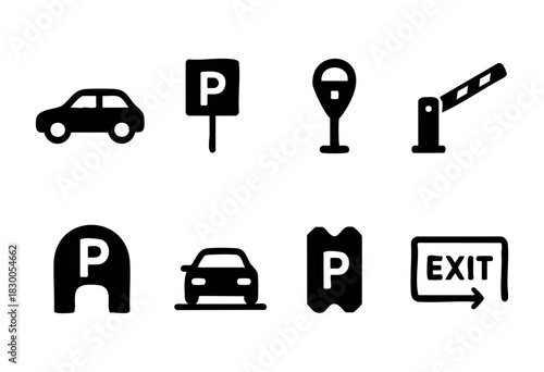 Simple parking and car icons — parking sign, ticket, and barrier — stock vector.