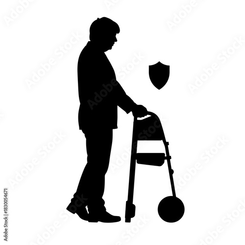 Silhouette of senior using walker with shield symbol, mobility assistance and health protection concept