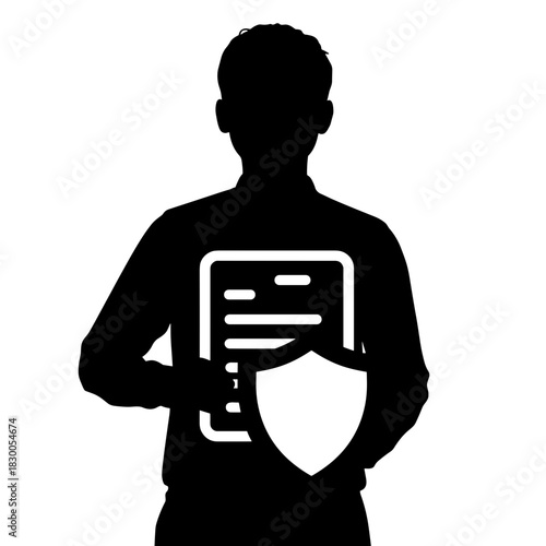 Silhouette of job seeker holding resume with shield icon, career transition and job security in employment planning