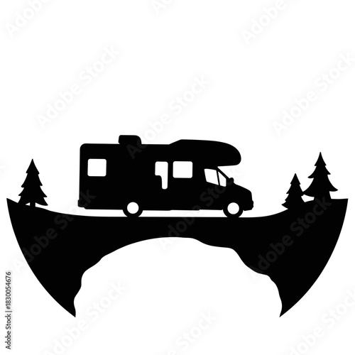 Motorhome silhouette crossing bridge, scenic travel and adventure in nature landscape
