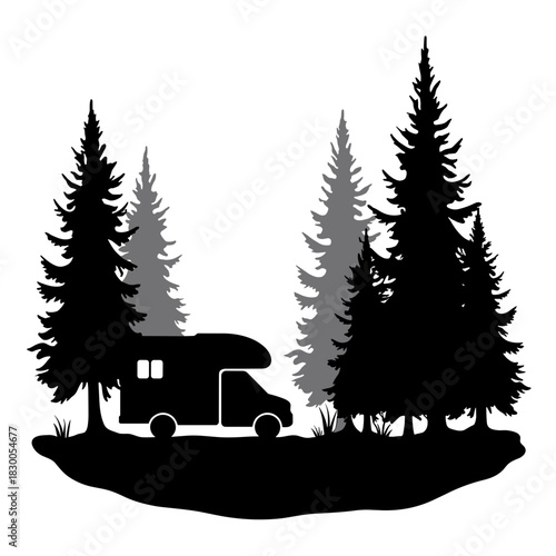 Silhouette of campervan in forest clearing, wilderness travel and mobile accommodation