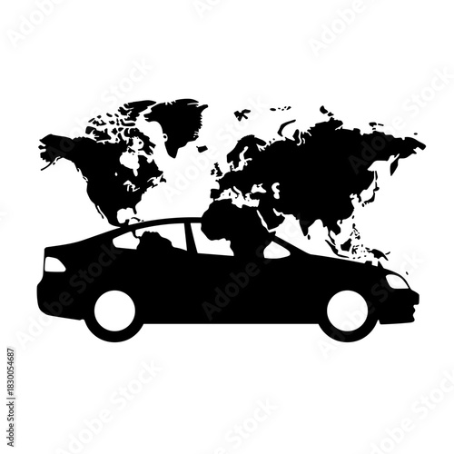 Silhouette of car with world map overlay, vehicle safety and travel mobility in international context