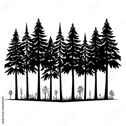 Tree saplings silhouette in restoration grid, ecosystem replanting and forest growth
