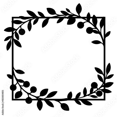 Silhouette of decorative frame with cranberries and leaf sprigs, seasonal holiday accent and rustic elegance