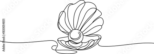 Minimalistic one line illustration of an open seashell with a pearl. Continuous line art perfect for logos, prints, packaging, and modern designs.