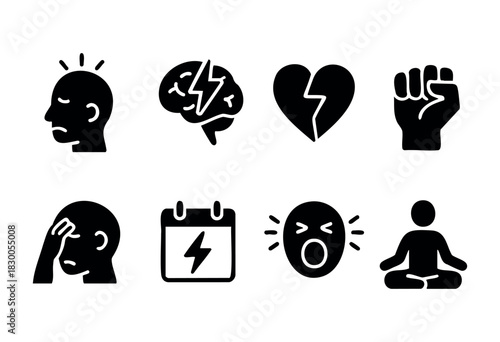 Minimalist stress and mental health icons — brain, heart, and meditation — stock vector.
