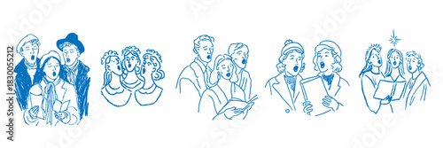 Christmas carol singers doodle set of hand-drawn festive holiday illustrations
