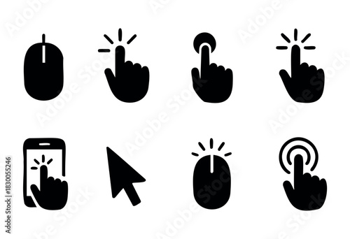 Minimalist clicking and gesture icons — hand, cursor, and mouse — stock vector.
