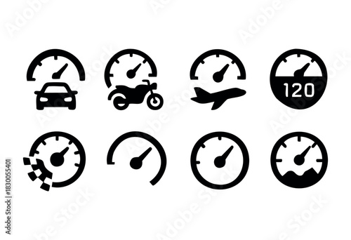 Minimalist speedometer and dashboard icons — car, gauge, and racing — stock vector.