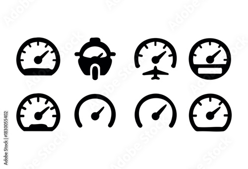 Minimalist speedometer and dashboard icons — car, gauge, and racing — stock vector.